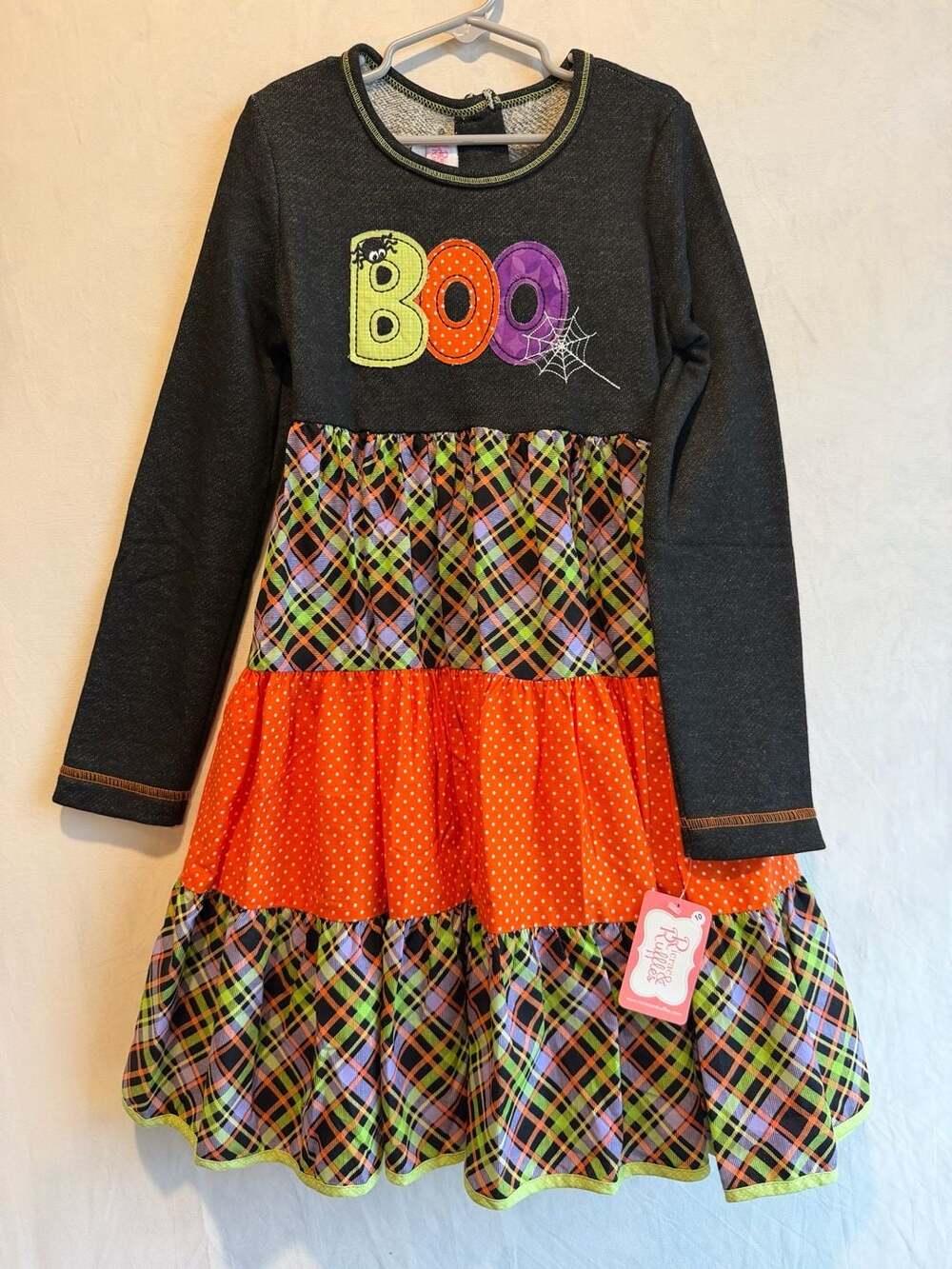 Ricrac & Ruffles Girls Long Sleeve Halloween 'BOO' Tiered Plaid Dress